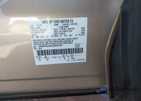 2020 Ford Edge Sel из США, поврежденный, VIN 2FMPK4J94LBA38195